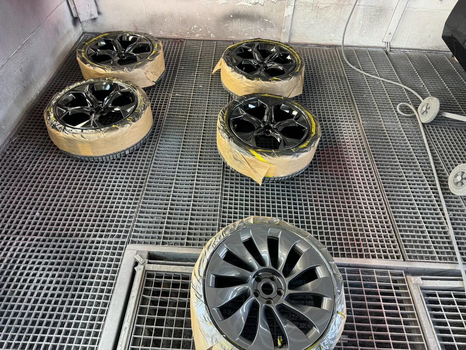 Wheels painted in the paint booth