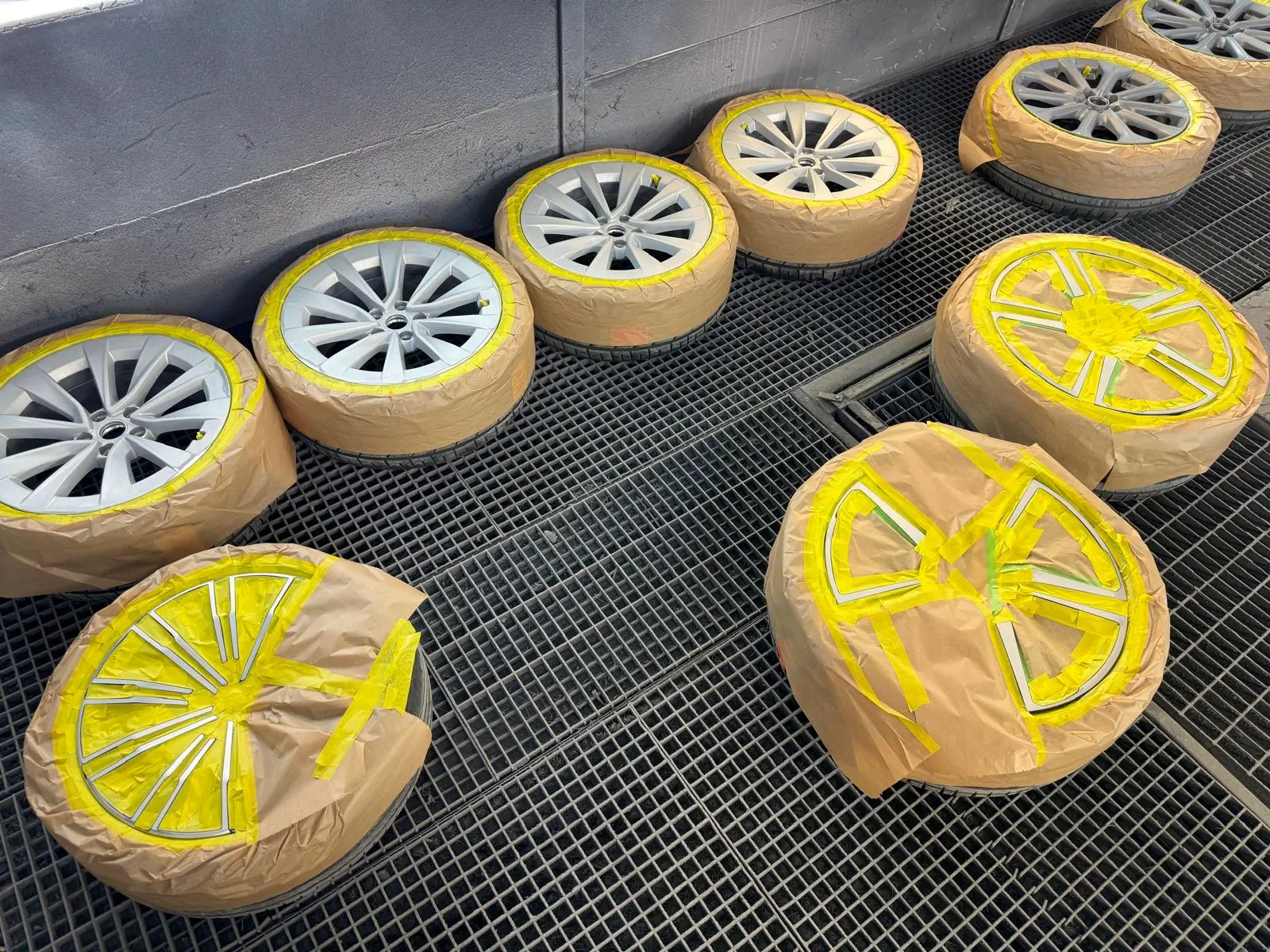 Wheels masked for painting